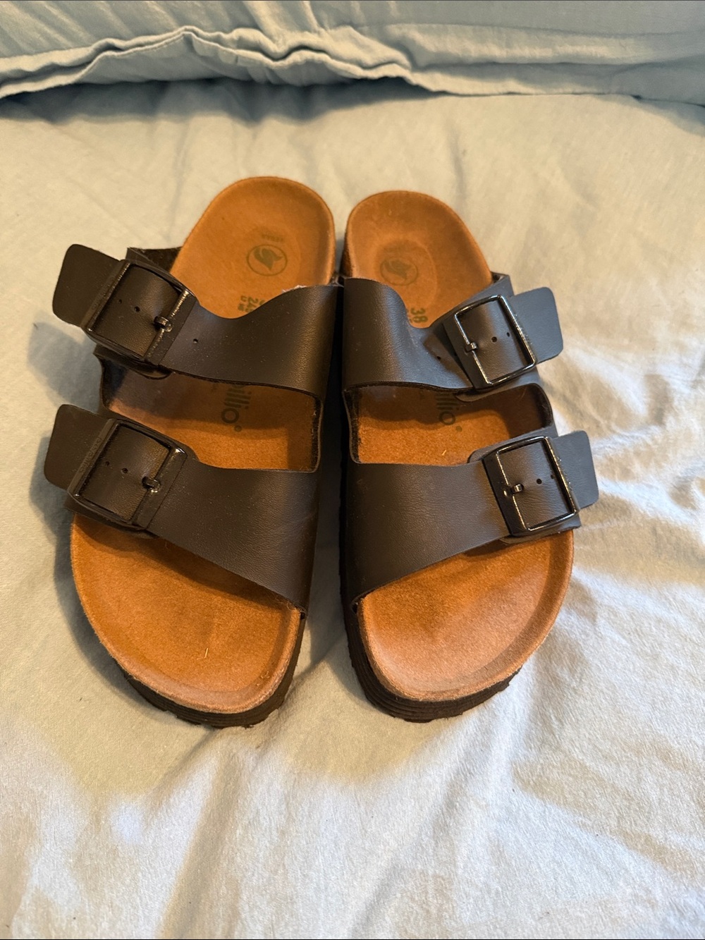 Birkenstock (Papillio) Two-Buckle Slide Sandals in Black and Tan
